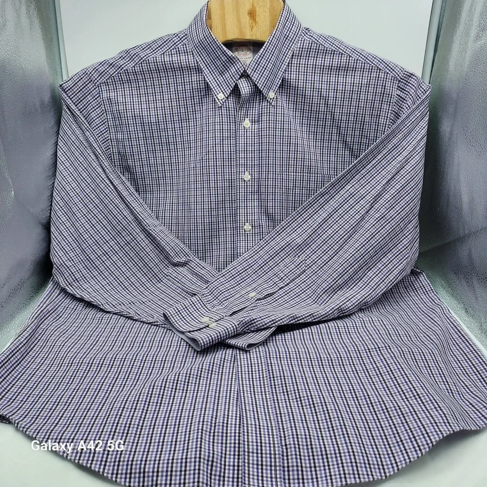 Brooks Brothers Mens Regular Fit Non-Iron Gingham Check Shirt Purple White Large